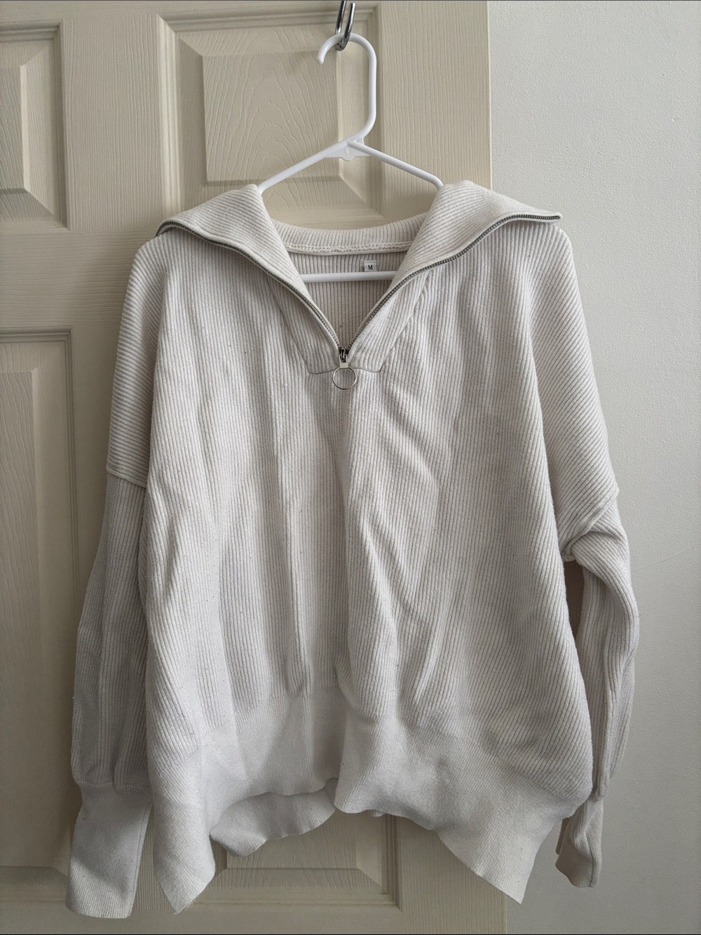 Women’s White Half-Zip Ribbed Sweater Hoodie